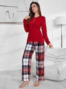 2pcs Solid Color Flannel Button-Up Shirt And Plaid Fleece Pants Women Sleepwear Set - Red - View 3