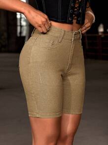 شورتات جينز سادة للنساء، كاجوال وأنيقة للبس اليومي - كاكي - مشاهدة 1