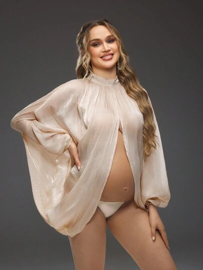 Cheriluna Maternity 前后开叉透明纯色性感孕妇摄影连衣裙