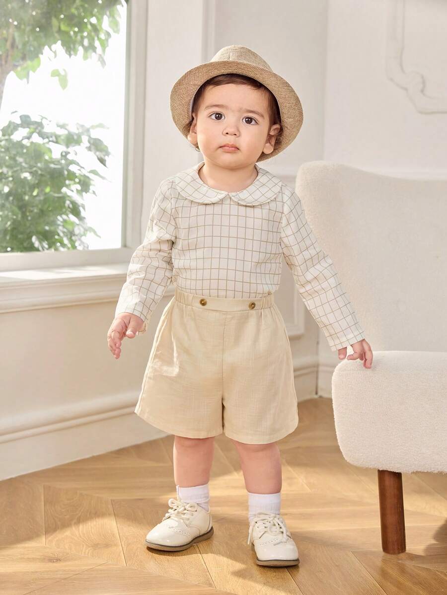 SHEIN Set de 2 piezas con camisa a cuadros informal y cute y pantalones cortos con cintura elástica para niño/niña, adecuado para fiestas de cumpleaños, eventos formales, baby shower, otoño/primavera - Multicolor - Ver 1