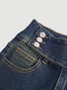 SHEIN Tween Girls Y2K Casual Washed Wide Waist Band Button Detail Flare Leg Jeans,Casual Outfit, For Autumn Winter, Suitable For Casual Daily Wear & School Daily In Autumn & Winter, Back To School - Dark Wash - View 4