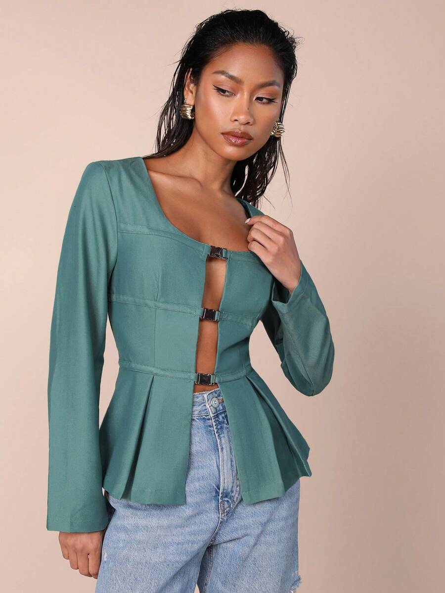 COSMINA Women's Solid Color Long Sleeve Casual Minimalist Top, For Daily Wear - Teal Blue - View 1