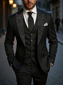 Manfinity Mode Men's Floral Pattern Lapel Neck Long Sleeve Business Travel Suit Jacket,Men's Solid Color Simple Daily Wear Long-Sleeved Suit Suitable For Parties - Black - View 1