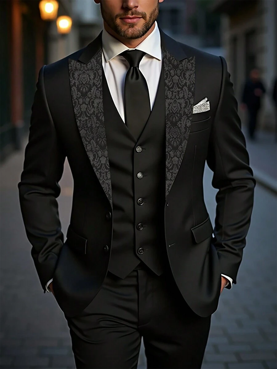 Manfinity Mode Men's Floral Pattern Lapel Neck Long Sleeve Business Travel Suit Jacket,Men's Solid Color Simple Daily Wear Long-Sleeved Suit Suitable For Parties - Black - View 1