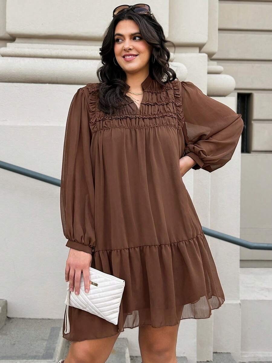 SHEIN LUNE Plus Size Women Notched Neck Ruched Lantern Sleeve Solid Color Dress Valentine's Day Vacation Outfits Woman,Modest Dresses For Women,Airport Outfit For Women,Boho Dress Women,Resort Wear Women,Club Dress,Tropical Dress,Spring/Summer Birthday Dresses For Women Sundress