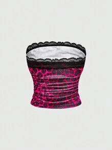 ROMWE J-Fashion Spring/Summer Valentine's Day Y2K Style Crop Top Set For Women, Featuring Star, Cross, Skull, And Animal Prints With Rhinestone Decor - Hot Pink - View 8