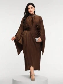 Veilorie Plus Size Women Elegant Solid Color Batwing Sleeve Arabic Style Dress Modest - Coffee Brown - View 3