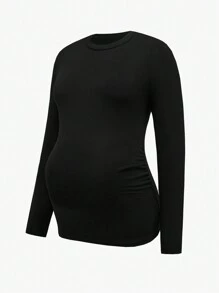 SHEIN 3pcs/Set Maternity Casual Mini Round Neck Simple Pattern Long Sleeve Cropped T-Shirts, Autumn - Black - View 12