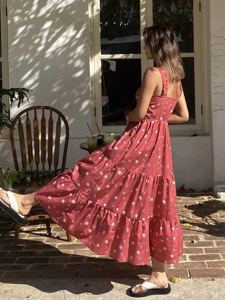 Women's Mid-Length Holiday Beach Dress With Floral & Botanical Print, Adjustable Front Strap & Cinched Waist Vacation Outfits Women Cruise Outfit For Women Easter Dress Boho