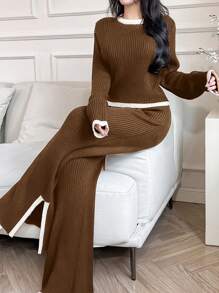 Mulvari 2pcs Women Casual Contrast Color Trim Sweater & Pants Set, Autumn/Winter 2 Pieces Set