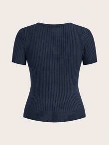 Modelyn 2 件套女士纯色圆领短袖针织上衣和针织混纺迷你裙，秋冬 2 件套 - 藏蓝色 - 查看 6