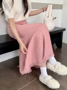 INAWLY 女士纯色美人鱼下摆优雅毛衣裙，秋冬款 - 粉色 - 查看 5