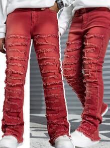 SHEIN 青少年男孩时尚休闲复古红色牛仔街头时尚混搭毛边设计弹力牛仔裤，适合男孩日常服装和秋冬童装 - 紅色 - 查看 6