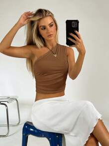 SHEIN EZwear Summer Solid One Shoulder Ruched Crop Top