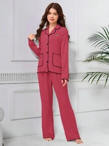 Teen Girl 2 Pieces Pajama Sets, Pink Minimalist Cherry Embroidery Long Pants & Long Sleeve Shirt, Fashion Home Wear