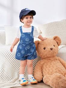 SHEIN 男婴笑脸图案工装裤和短裤，休闲百搭