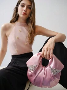 MOTF PREMIUM BOLSO CON ASA SUPERIOR FRUNCIDO CON DECORACIÓN DE LAZO ELEGANTE PARA MUJER, DÍA DE SAN VALENTÍN - Rosa - Ver 5