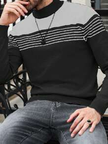 Manfinity Homme Men's Casual Colorblock Striped Knit Sweater, Autumn/Winter - Black - View 5