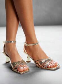 CUCCOO SZL Women's Square Toe Low Heel Gold Strap Sexy Elegant Party/Wedding Stiletto High Heel Sandals