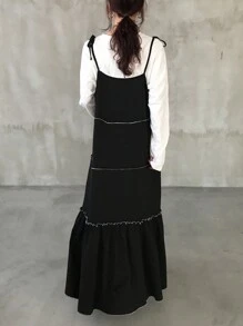 FRIFUL Vestido largo de tirantes finos de mujer de color negro con puntadas de contraste, apto para primavera y verano, vestido casual de mujer