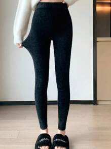 INAWLY Women Solid Color Plush Fitted Pants, Autumn/Winter