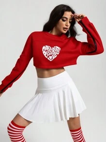 Menodora SHEIN Sport Women Heart Letter Print Round Neck Split Hem Long Sleeve Sports Sweatshirt For Valentine - Red and White - View 3