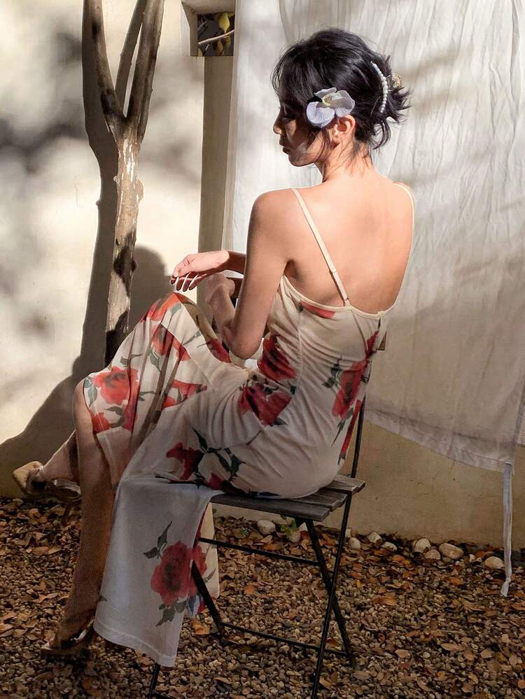 Floral Print Spaghetti Strap Mid-Length Dress For Women Dress