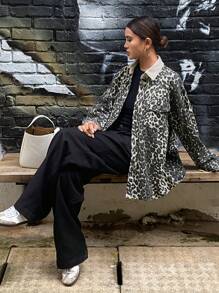 DAZY Women's Autumn Chic Leopard Print Denim Jacket Cheetah Print