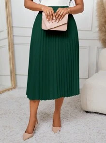 SHEIN Lady Falda plisada blanca con línea A en color verde, versátil para el trabajo y las fiestas - Verde Oscuro - Ver 7