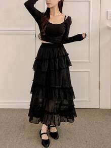 DAZY Women Elastic Waist Patchwork Ruffle Hem Casual Skirt - Black - View 8