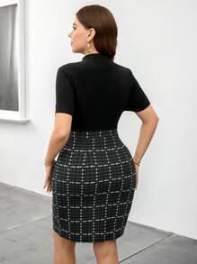 SHEIN Clasi Plus Size Women Spring Black & Plaid Patchwork Short Sleeve Elegant Casual Dress