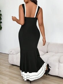 Celure Plus Size Women's Elegant Bodycon Spaghetti Strap Color Block Mermaid Maxi Dress With Bow For Summer