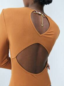 Maija Women Elegant Long Sleeve T-Shirt,Chic Autumn Top In All Shades Of Brown For Night Out,Urban Holiday Party Backless Design,Music Festival Outfits - Brown - View 6