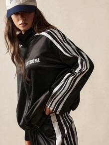 VARSITIE 女士休闲运动户外撞色条纹侧拉链夹克 - 黑色 - 查看 1