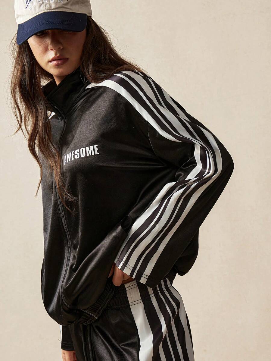 VARSITIE 女士休闲运动户外撞色条纹侧拉链夹克 - 黑色 - 查看 1