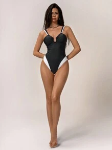 Forever 21 New Sleeveless One Piece Swimsuit With Black & White Color Block Design, One-Piece For Summer Beach Vacation - Black and White - View 4