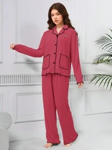 Teen Girl 2 Pieces Pajama Sets, Pink Minimalist Cherry Embroidery Long Pants & Long Sleeve Shirt, Fashion Home Wear