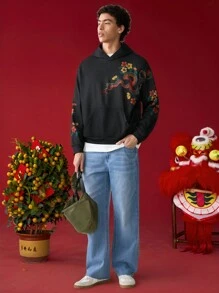 Manfinity VCAY Men's Knit Loose Fit Casual Sweatshirt Long Sleeve Sweatshirt, Fashion & Young Style , Snake Printed Sweatshirt, Simple Casual Top, Suitable For Daily Wear During The Lunar New Year Men Chinese New Year, For Fall Winter - Black - View 2