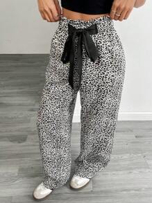 SHEIN Unity Women's Casual Leopard Print Patchwork Satin Bowknot Waist Straight Leg Pants, Suitable For Spring And Autumn Fall Cloth For Women - Black and White - View 6