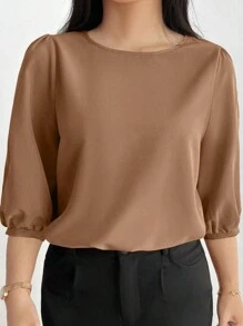 Camisa de manga abullonada de unicolor informal para otoño en tallas grandes - Amarillo - Ver 4