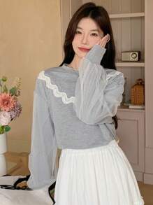 DAZY Women Lace Mesh Contrast Sweatshirt,Fall Women Clothes - Grey - View 5