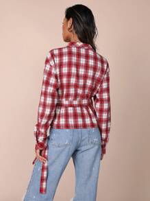COSMINA 女式休闲格纹系带裹身衬衫，秋季 - 紅白色 - 查看 2