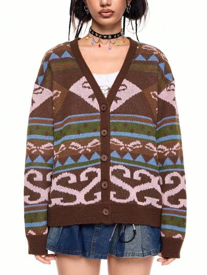 ROMWE Avant Women's Vintage Style Heart & Bow Buttons Cardigan Sweater