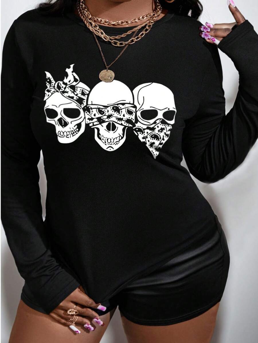 Maweii Áo thun dài tay cổ tròn in hình đầu lâu cỡ lớn, phong cách Halloween rùng rợn, áo thun nữ in hình đồ họa cho mùa xuân. - màu đen - Xem 1