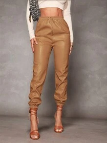 SHEIN BAE Knot Waist PU Leather Trousers - Khaki - View 6