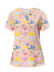 PopScrub 情人节简单可爱彩色爱心与笑脸印花女士 V 领短袖口袋护士/医生手术服上衣套装手术服套装护士连衣裙手术服上衣手术服下装实验室外套手术服外套印花 V 领磨砂手术服上衣，休闲短袖工作服，女式甜心 V 领褶皱衬衫，女式短袖 V 领护士手术服衬衫，带 2 个口袋，柔软弹力褶皱图案 T 恤 - 彩色 - 查看 3