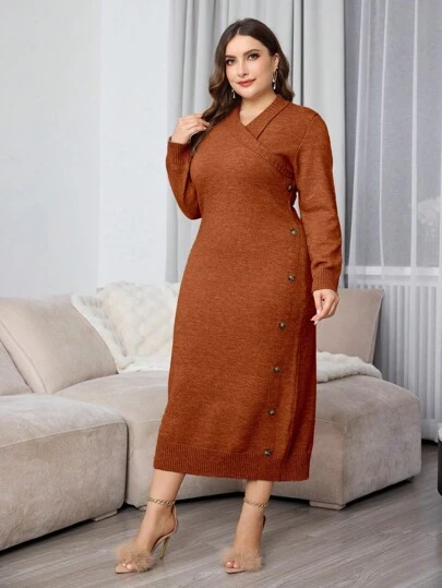 Mulvari Plus Size Solid Color Button-Up Long Sleeve Simple Casual Dress