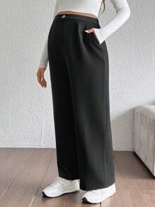 SHEIN Solid Color Versatile High-Waisted Casual Trousers For Women - Black - View 3