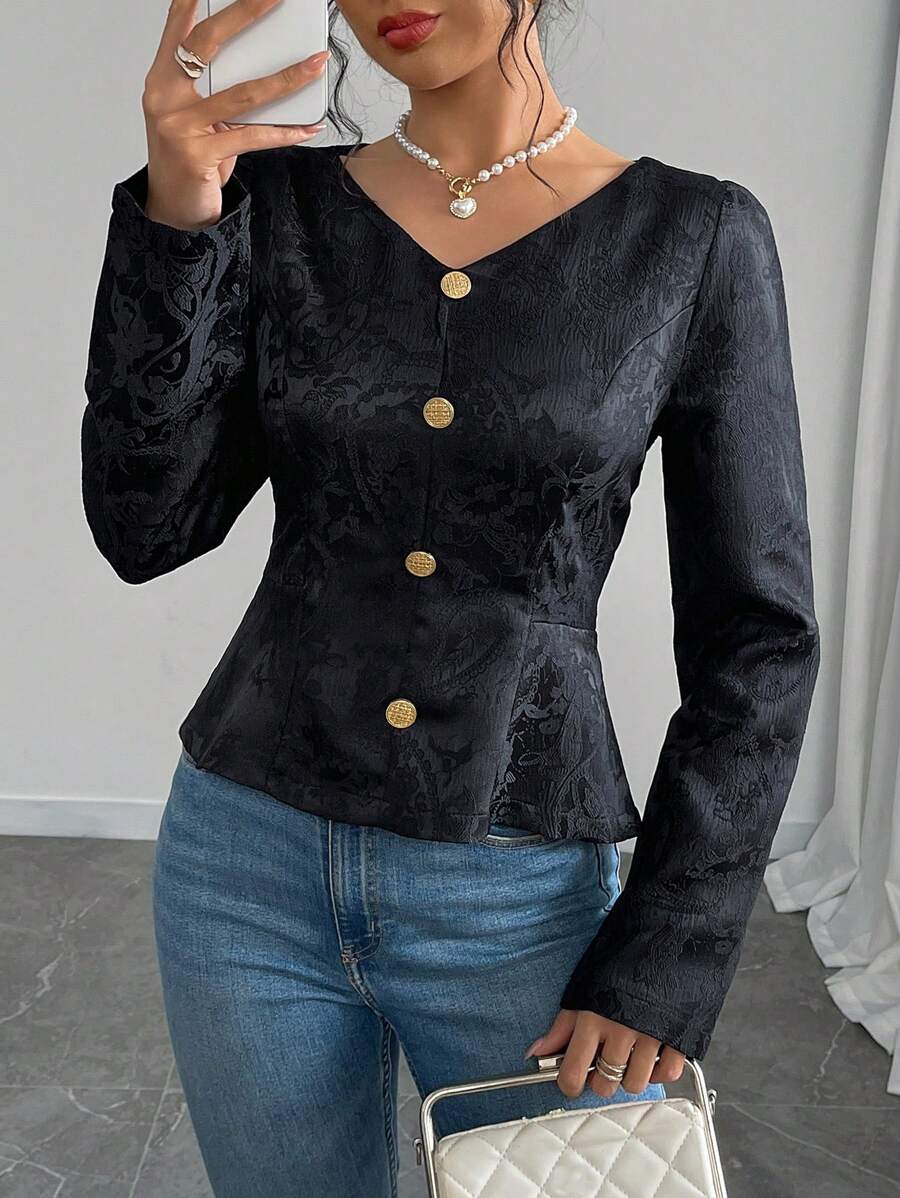 Chiquease Women Floral Textured Elegant Casual Long Sleeve Shirt, Suitable For Spring And Autumn