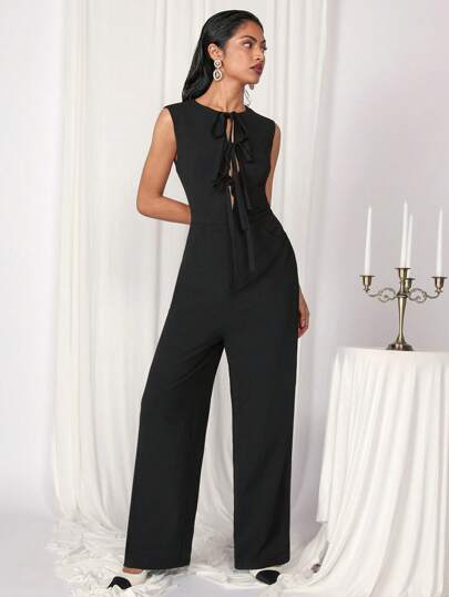 COSMINA 女士优雅纯色无袖系带黑色通勤连体裤